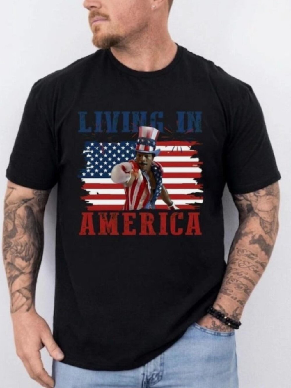 Living In America Patriotic USA Flag Graphic Tee Vintage Fourth Of July